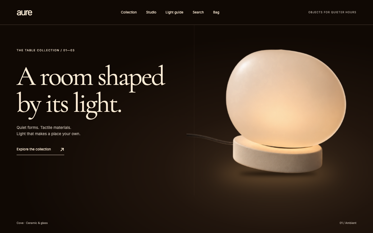 The Aure home page: the headline “A room shaped by its light.” beside a lit glass table lamp on a dark brown background.