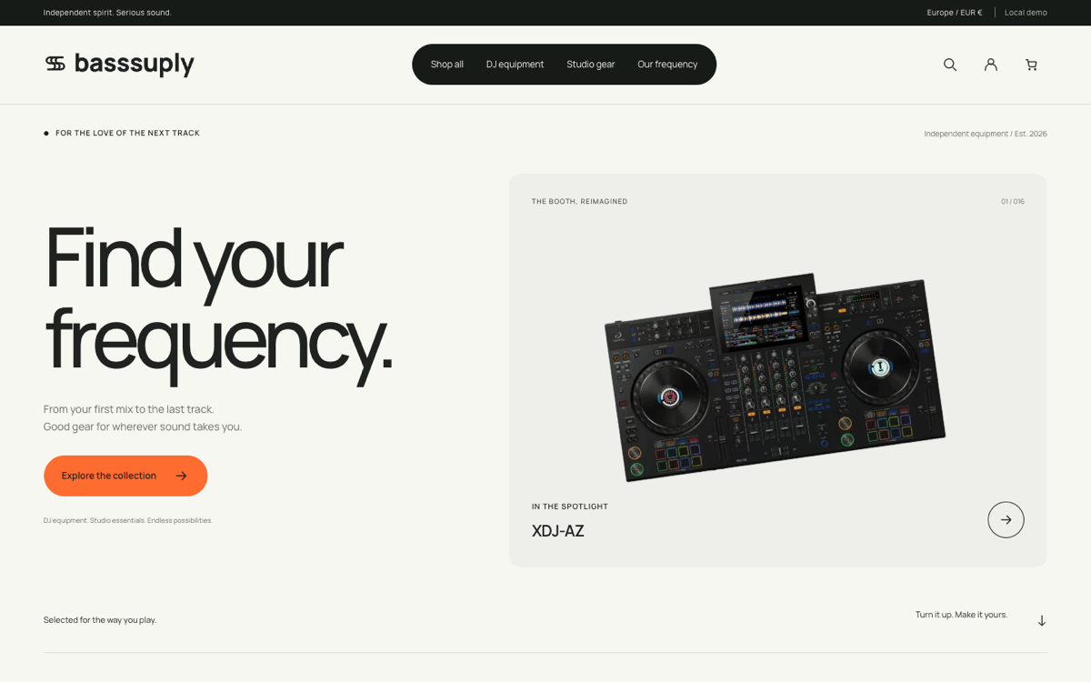 The Basssuply home page: the headline “Find your frequency.” beside a spotlight card showing a DJ controller.