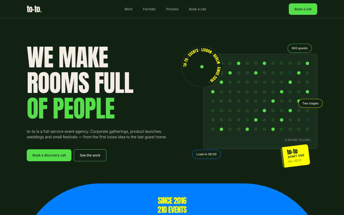 The to-to landing page: the headline “WE MAKE ROOMS FULL OF PEOPLE” beside a grid of seats, some lit green.