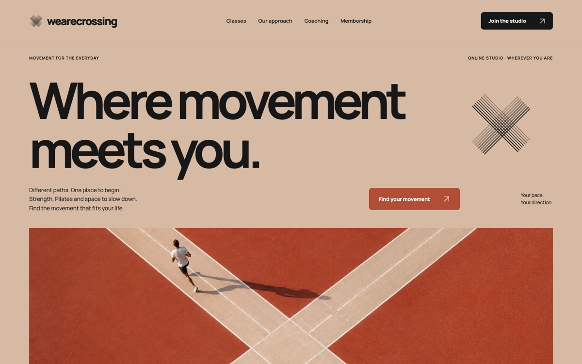The wearecrossing home page: the headline “Where movement meets you.” with a line-drawn X mark above a photograph of a runner on crossing track lanes.