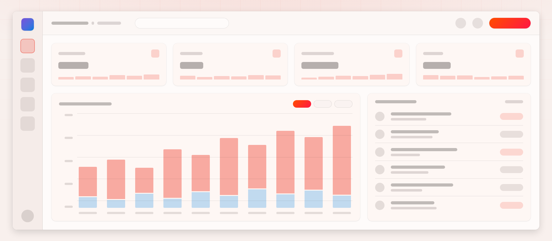 A greybox wireframe of a professional dashboard: four summary tiles above a bar chart, with a scrolling list of records down the right.