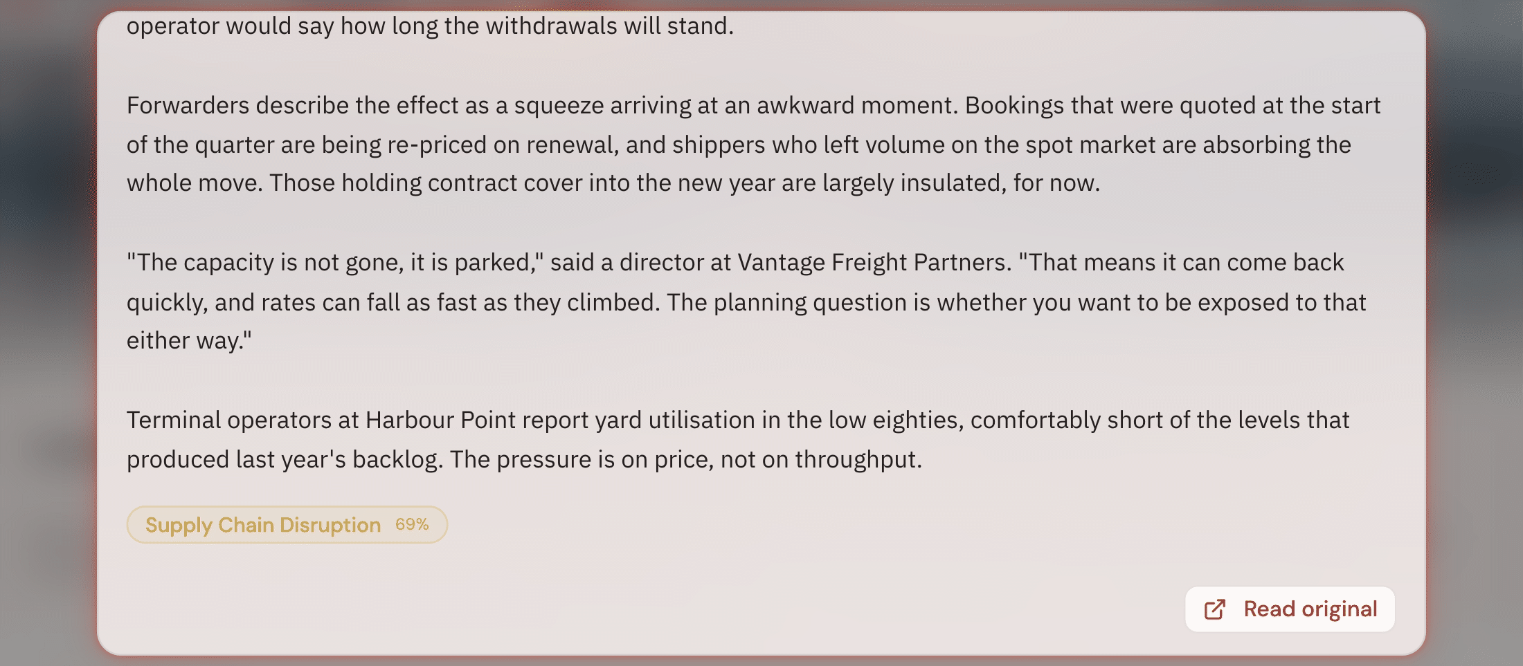 An article opened in the reader: the full story, the zone it matched named on a badge underneath it as Supply Chain Disruption with a match strength, and a Read original link out to the publisher.