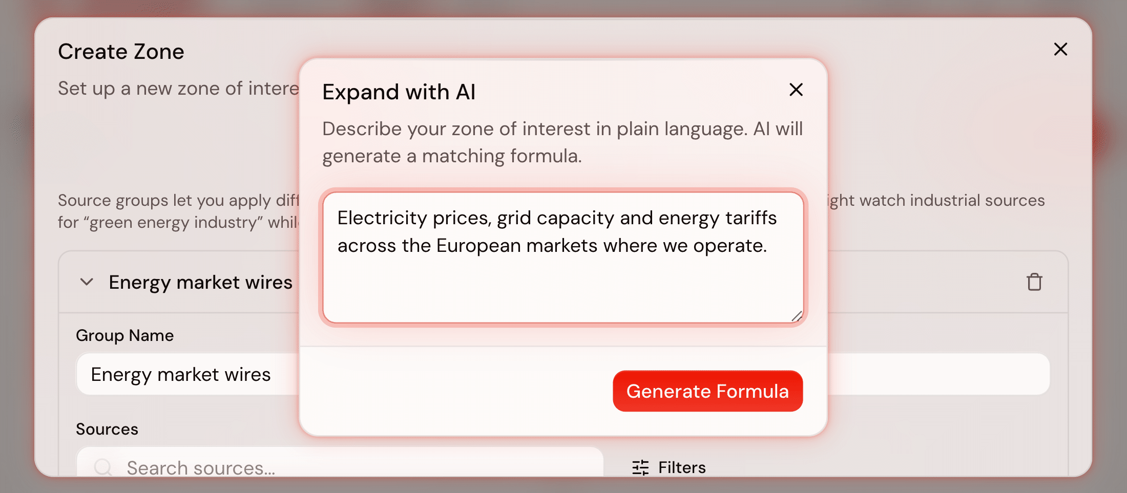 The Expand with AI dialog open over the wizard, asking the user to describe their zone of interest in plain language so the AI can generate a matching formula, with the sentence “Electricity prices, grid capacity and energy tariffs across the European markets where we operate.” typed into it above a Generate Formula button.