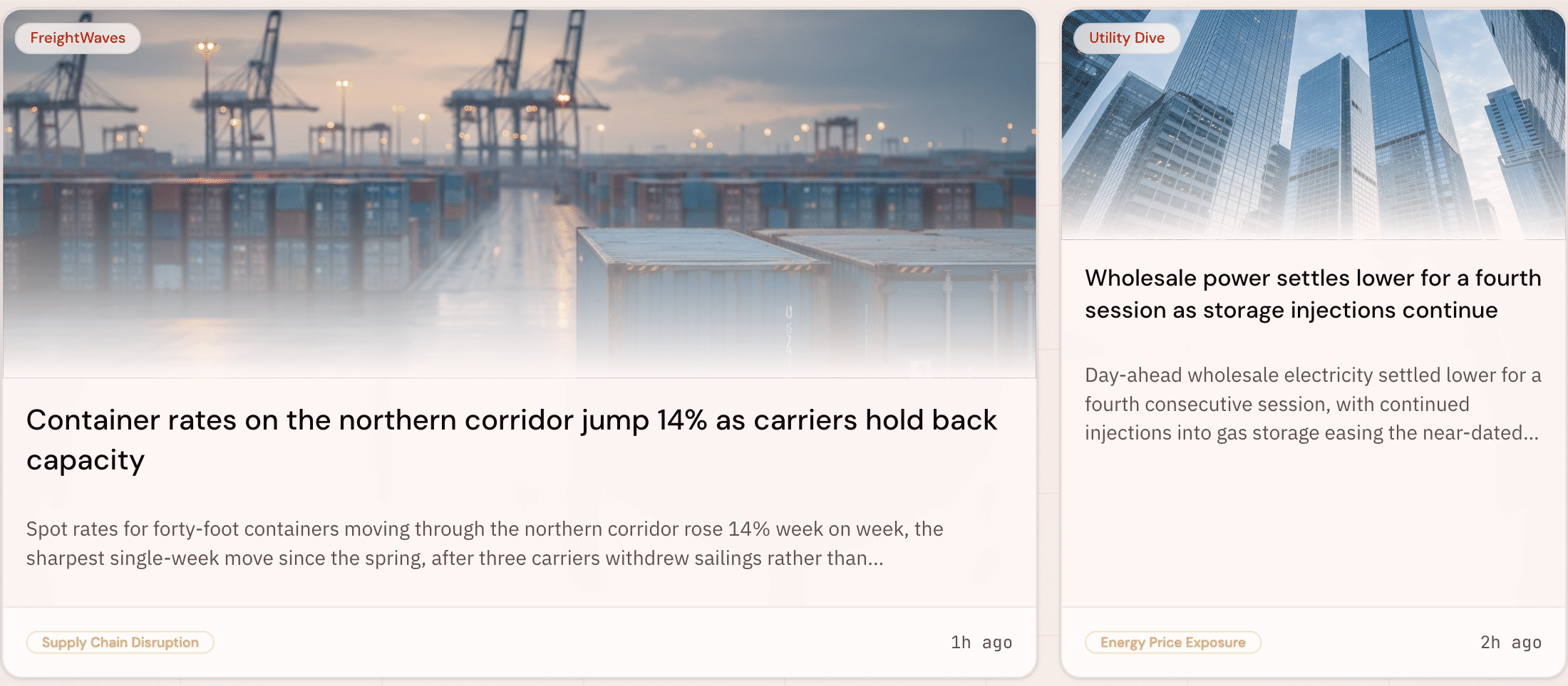 The news grid: a wide featured article card with its photograph, a second card beside it, each tagged with the zone it matched and how long ago it was published.