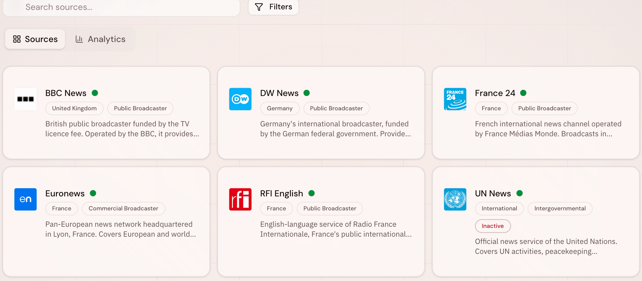 The Sources tab: a grid of source cards for BBC News, DW News, France 24, Euronews, RFI English and UN News, each carrying its country and type on chips and a dot for whether it is still answering, with one marked inactive.