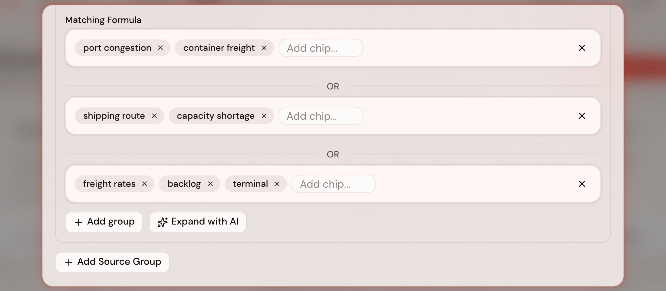 The formula builder: three groups of keyword chips joined by OR — port congestion with container freight, shipping route with capacity shortage, and freight rates, backlog and terminal — with a sensitivity selector above them and Add group and Expand with AI buttons below.