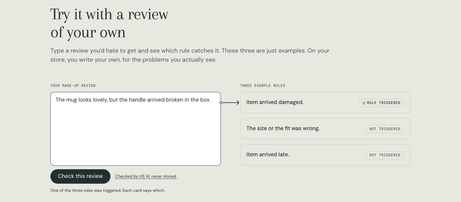 Postlude’s live website demo checks a fictional review about a broken mug handle: the damage rule triggers, while fit and late-delivery rules do not.