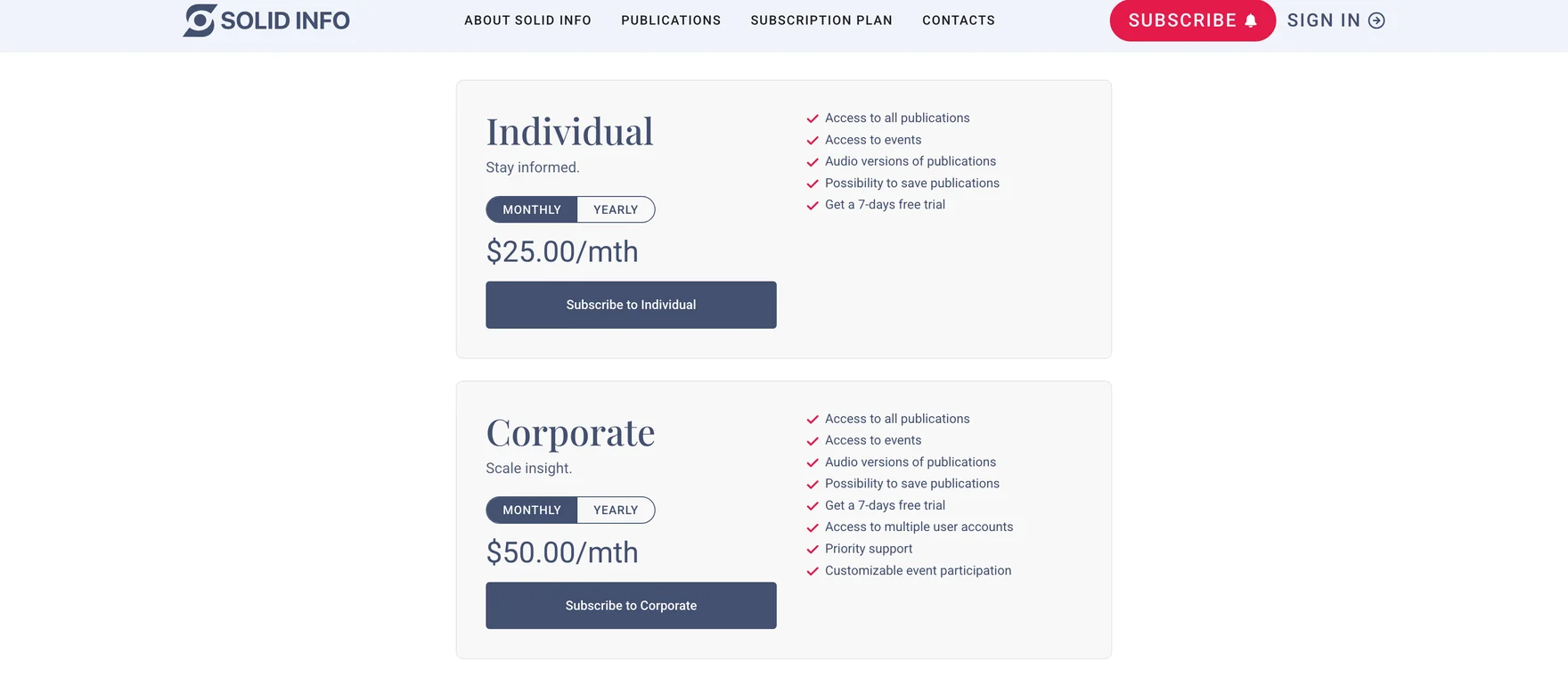 The Solid Info subscription page showing the Individual and Corporate plans, each with a monthly and yearly price.