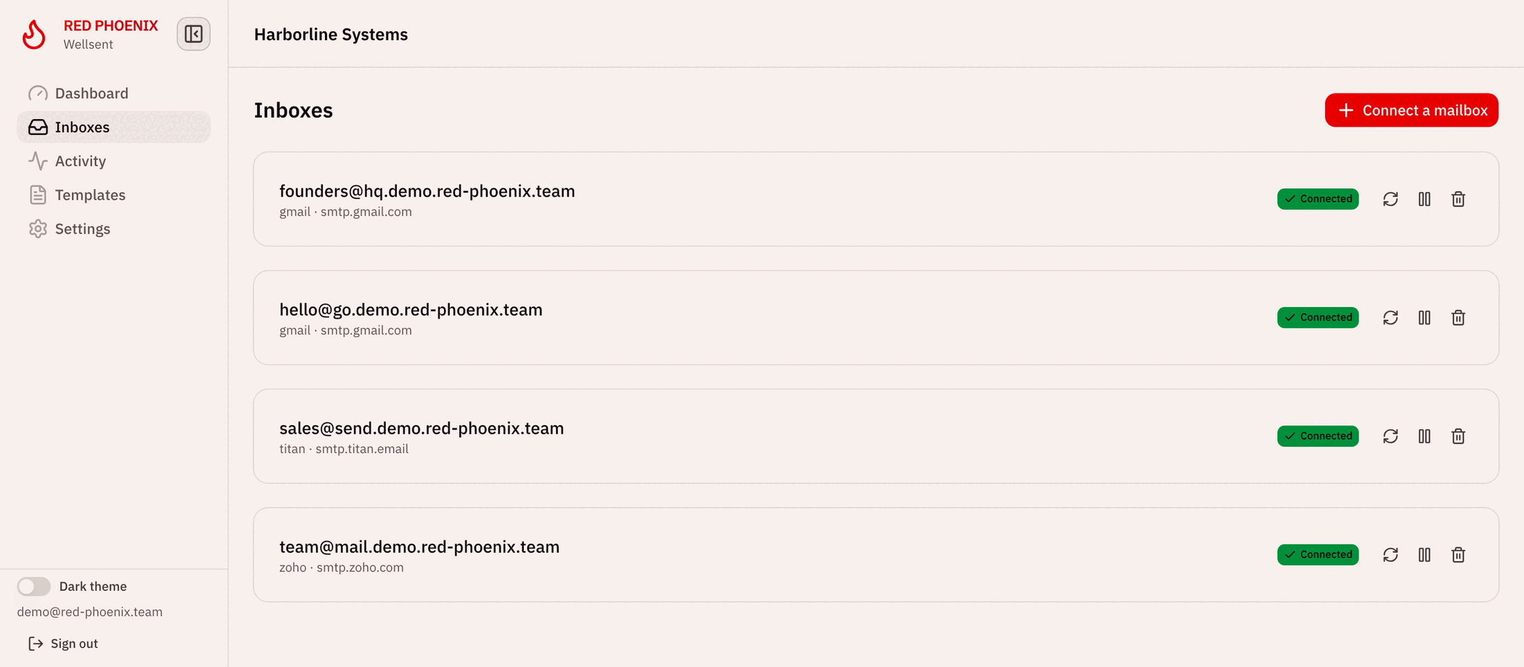 The Inboxes screen: four client mailboxes across Gmail, Zoho and Titan, each showing a connected status.