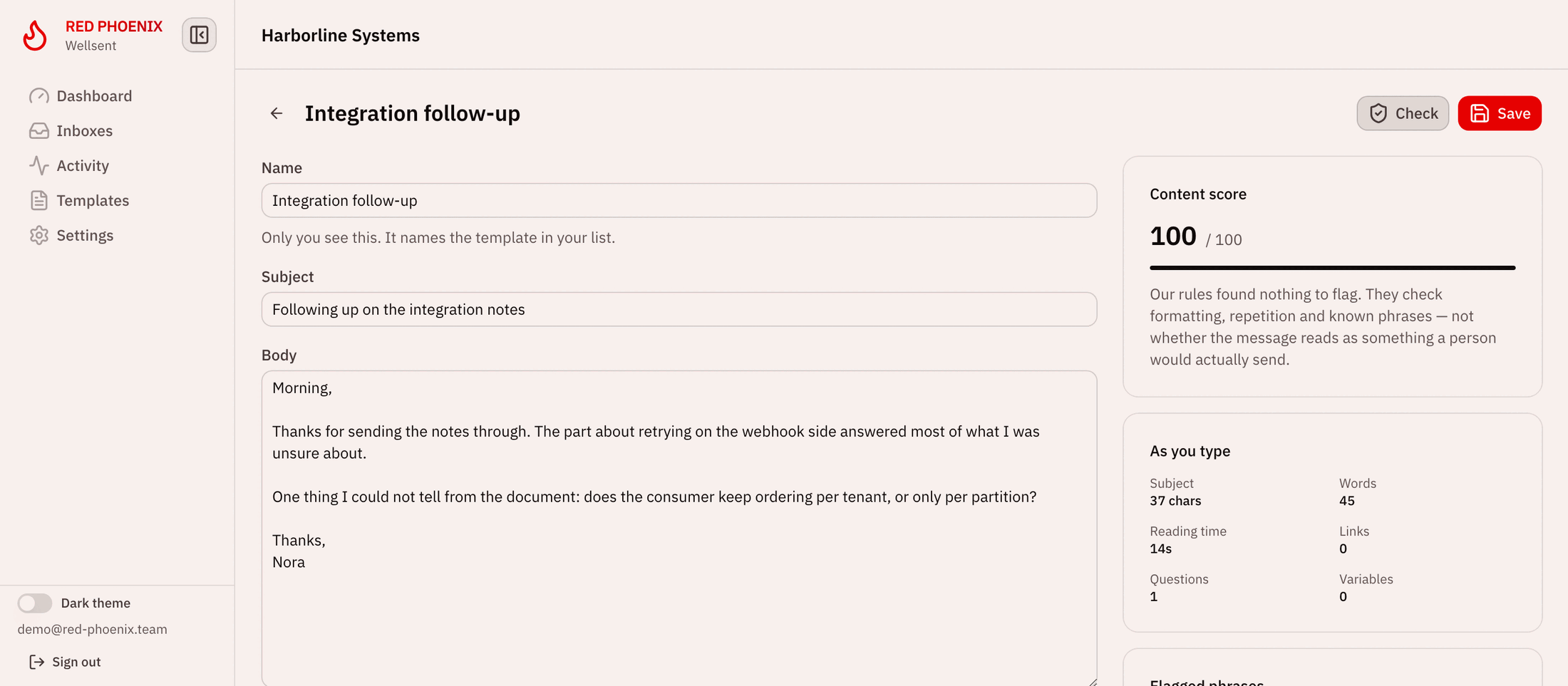 The template editor with the content analyser open, scoring a draft and listing its live metrics.